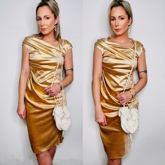 Saks Fifth Avenue Dresses & Skirts - Metallic Gold Shimmer Holiday Draped Velour Ruched Fitted Asymmetrical Dress